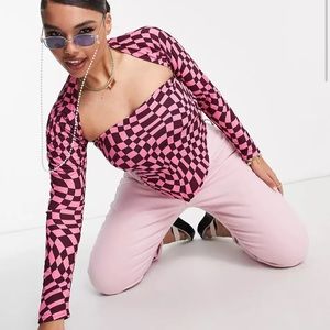 ASOS DESIGN Curve cropped shrug top in pink check print